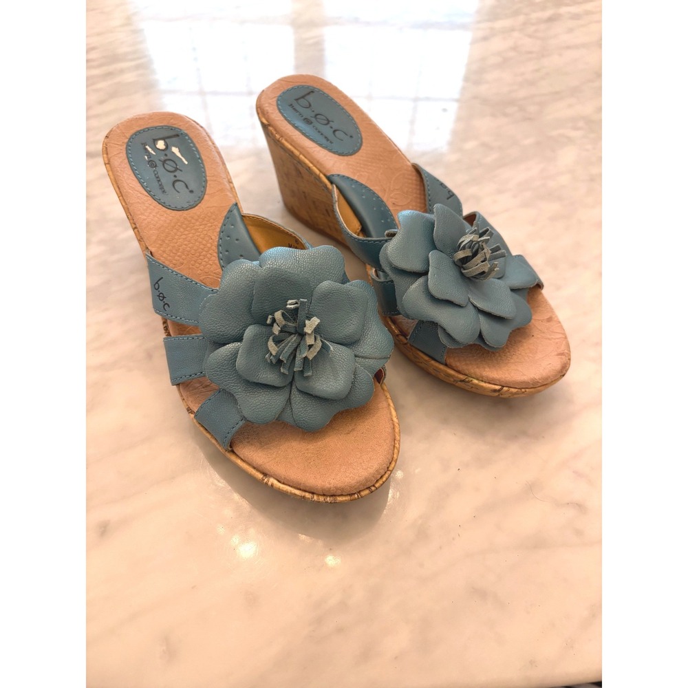 b.o.c Born Concept Blue Flower Cork Wedge Sandals Leather Womens 6 M Cottagecore